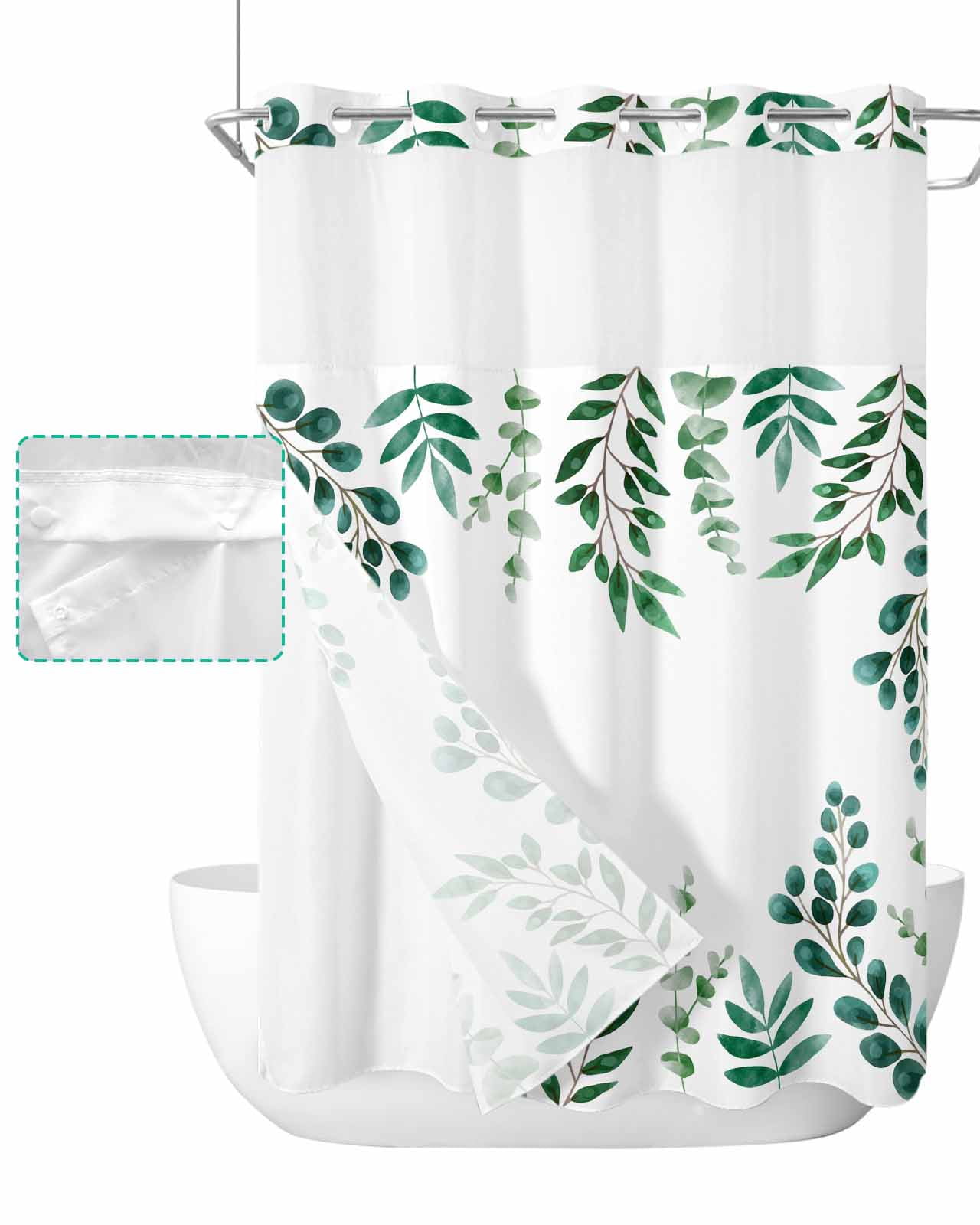 Green Eucalyptus Leaves Hookless Shower Curtain with Snap-in Liner