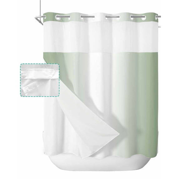 No Hook Shower Curtain with Snap in Liner, Sage Green and White Gradient Hotel Shower Curtains for Bathroom, Washable Shower Curtain Liner Set with Mesh Top Window, 72"x72"