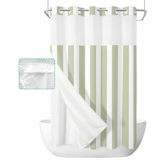 No Hook Shower Curtain with Snap in Liner, Sage Green and White Striped Geometric Hotel Shower Curtains for Bathroom, Washable Shower Curtain Liner Set with Mesh Top Window, 36"x78"