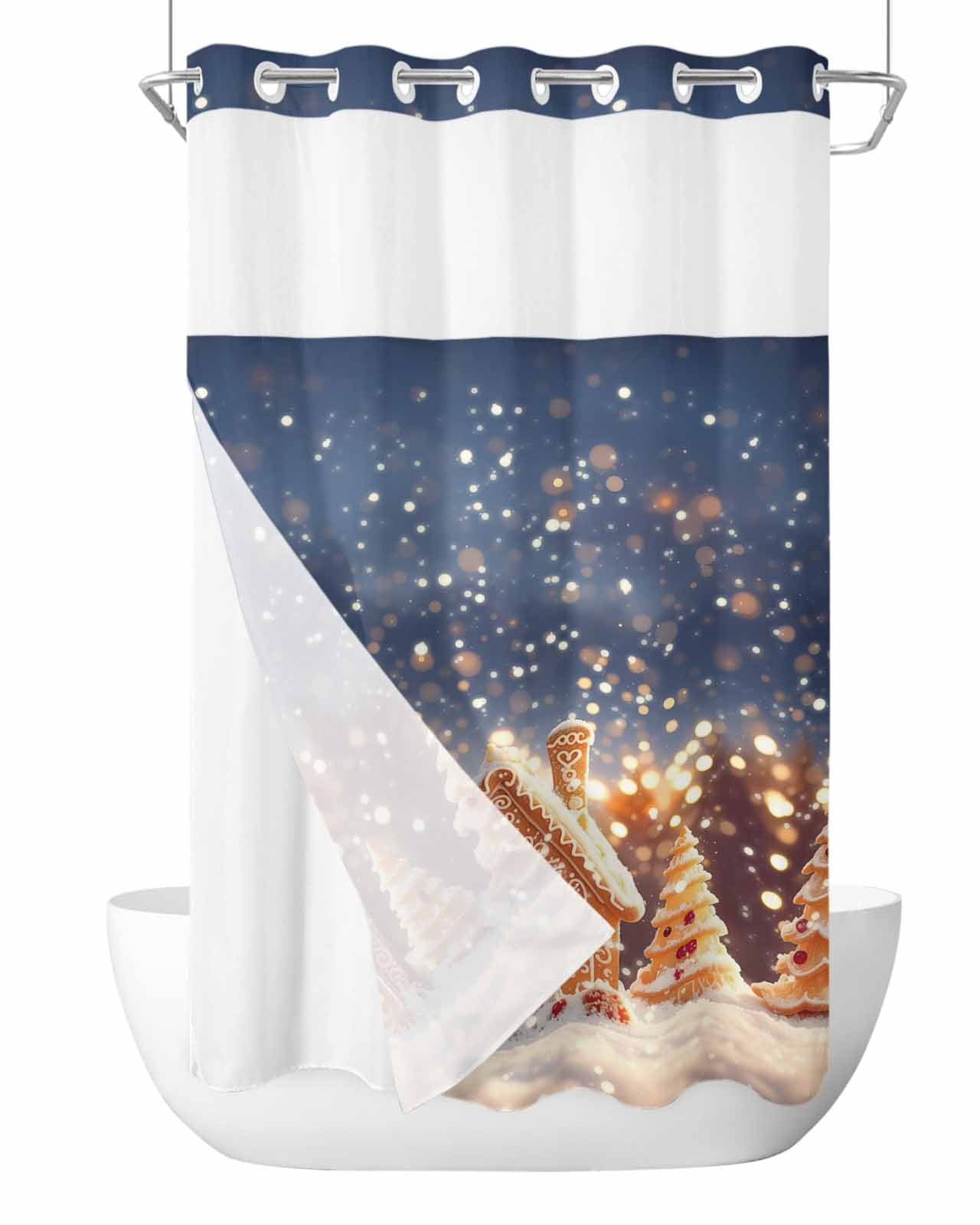 No Hook Shower Curtain and Snap in Liner Set, Blue Christmas Fabric