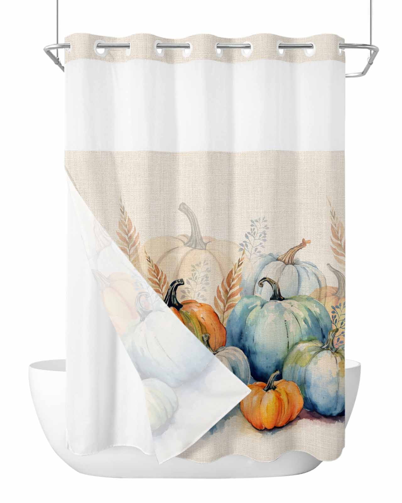 No Hook Shower Curtain and Snap in Liner Set, Blue Orange Pumpkins Fall