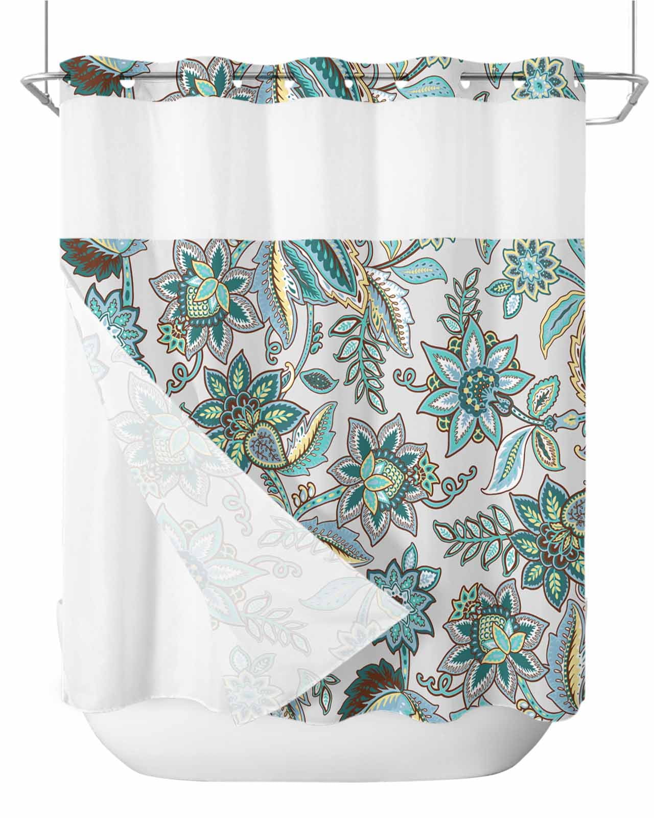 No Hook Shower Curtain and Snap in Liner Set, Boho Green Fabric
