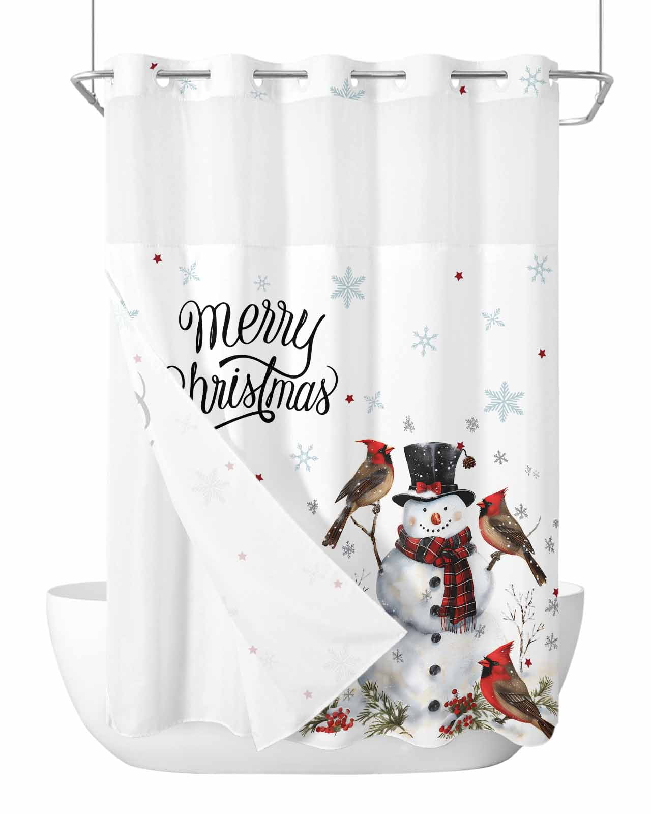 No Hook Shower Curtain and Snap in Liner Set, Christmas Snowman Fabric