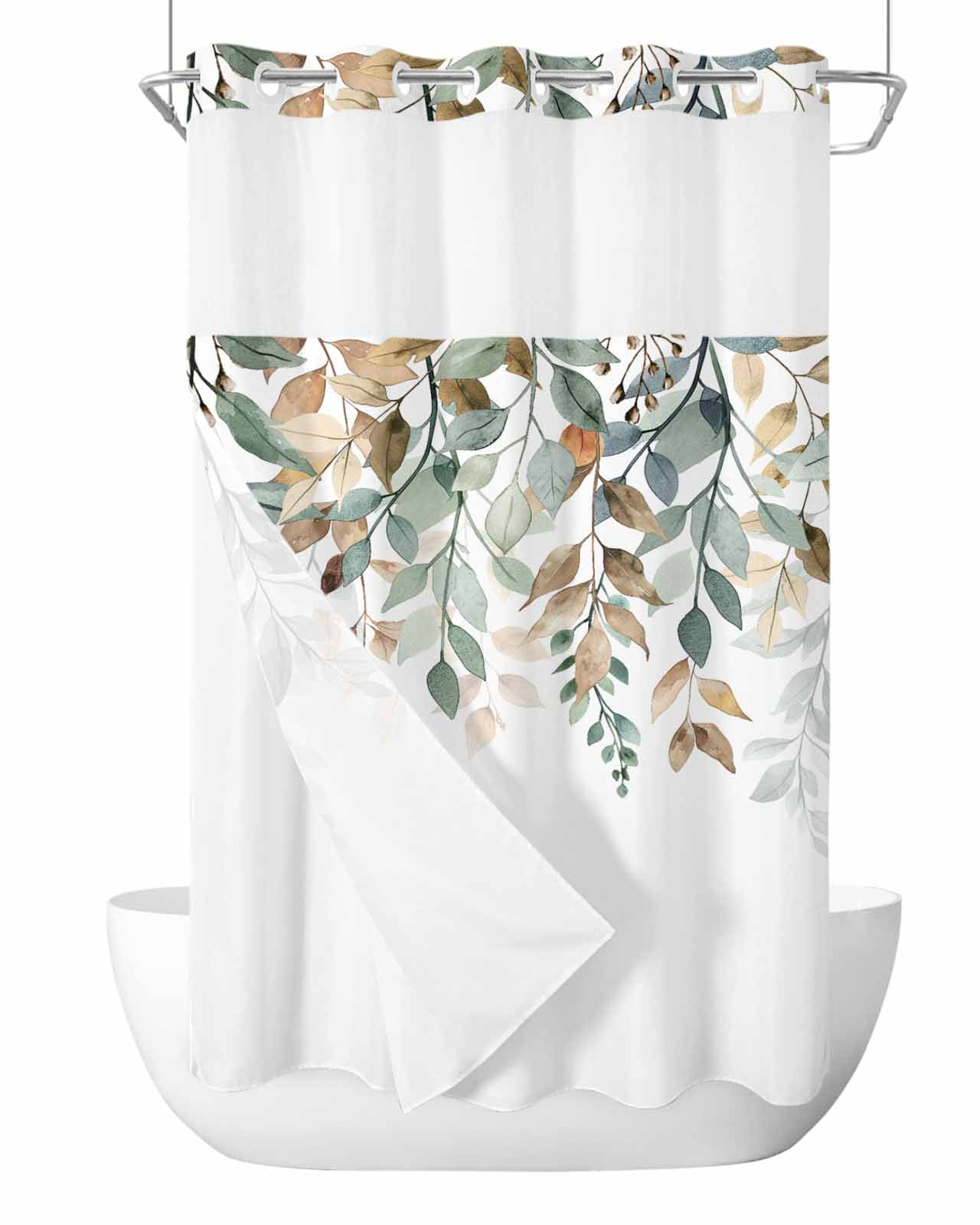 No Hook Shower Curtain and Snap in Liner Set, Green Brown Botanical ...