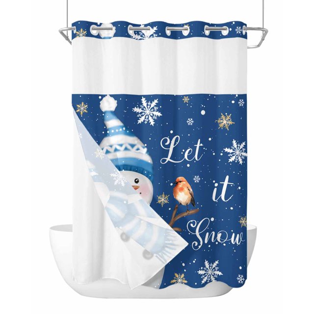 No Hook Shower Curtain and Snap in Liner Set, Navy Blue Snowman