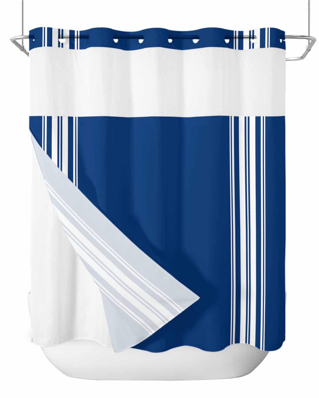 Awellife No Hook Shower Curtain With Snap-in Liner - Cotton & Linen Blend, Navy Striped, 75\"L X 78\"W, Mesh Top Window - Boho Style, Easy Snap On/Off, Hotel Spa Look