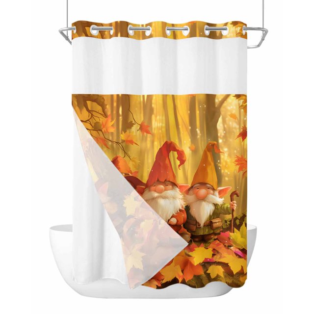 No Hook Shower Curtain and Snap in Liner Set, Orange Fall Gnomes Long