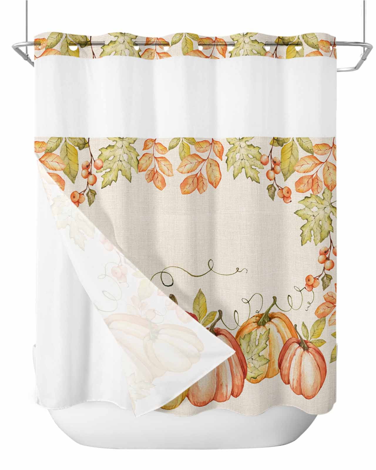 No Hook Shower Curtain and Snap in Liner Set, Orange Thanksgiving