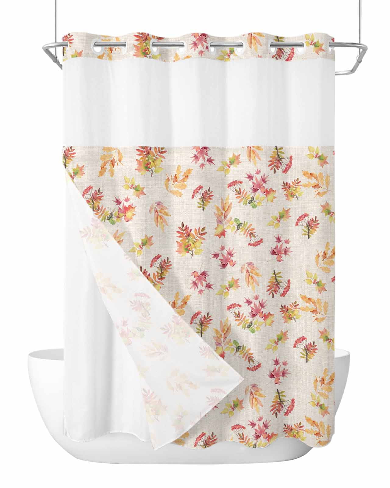 No Hook Shower Curtain and Snap in Liner Set, Red Orange Botanical Fall