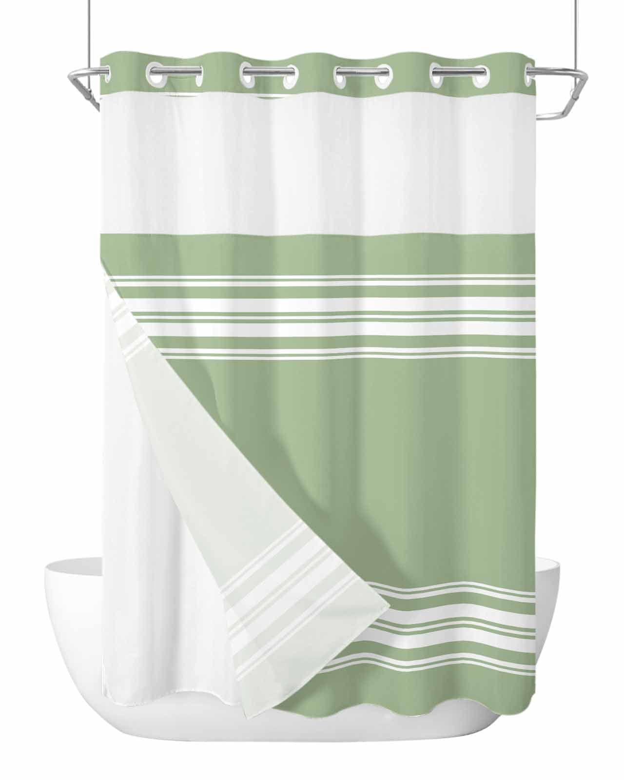 No Hook Shower Curtain and Snap in Liner Set, Sage Green White Striped ...