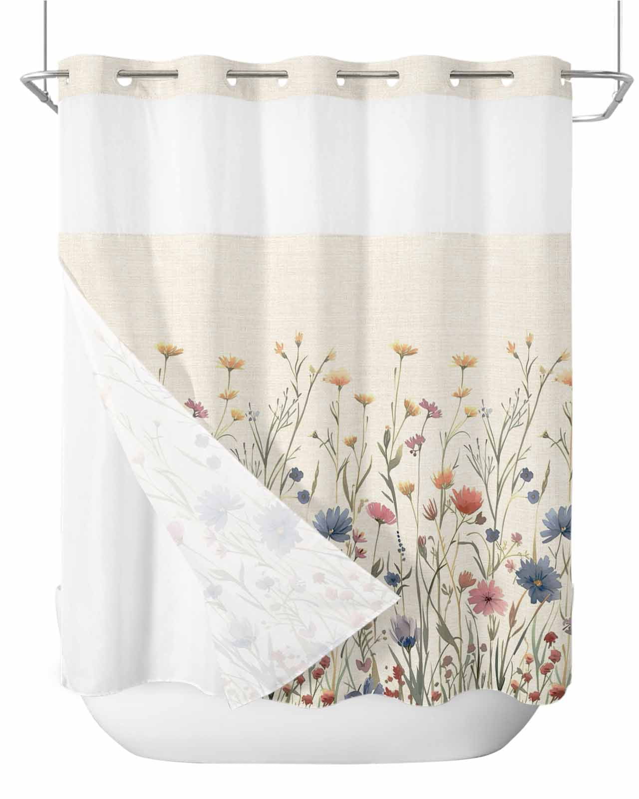 No Hook Shower Curtain and Snap in Liner Set,Spring Floral Fabric