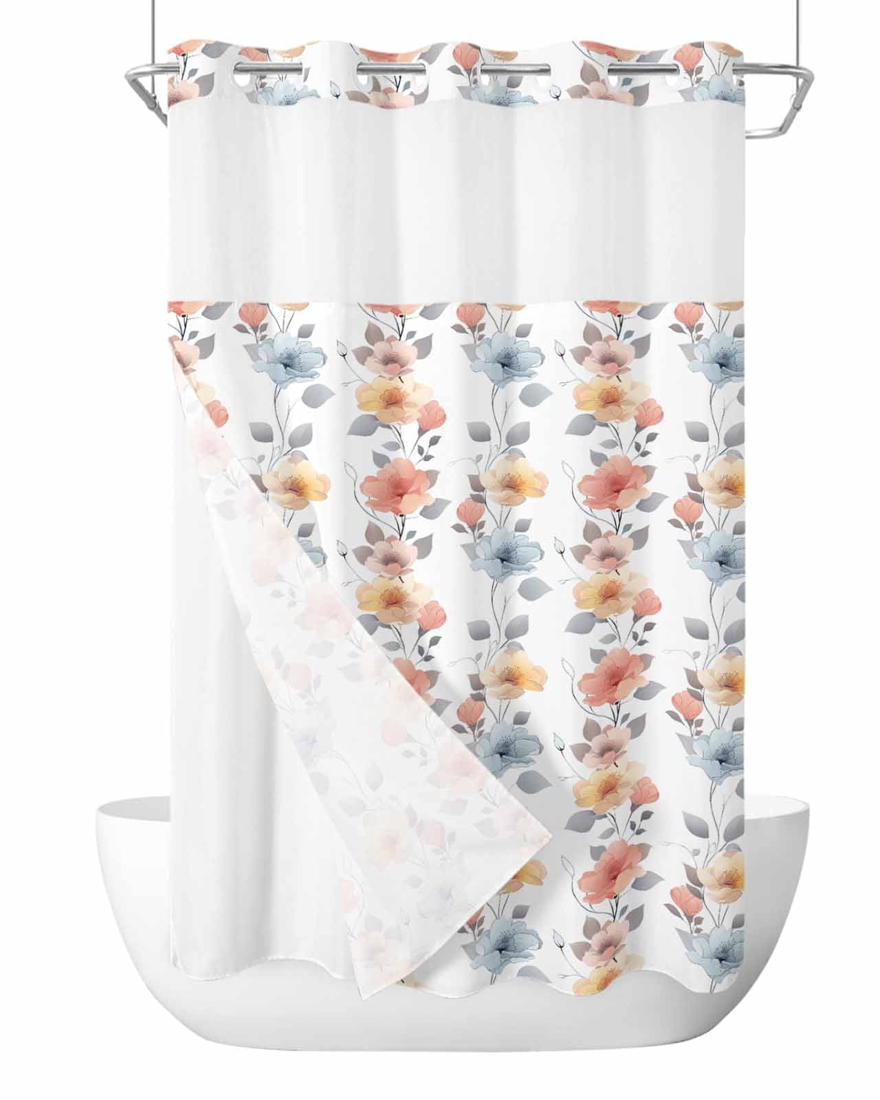 No Hook Shower Curtain and Snap in Liner Set, Spring Floral Fabric