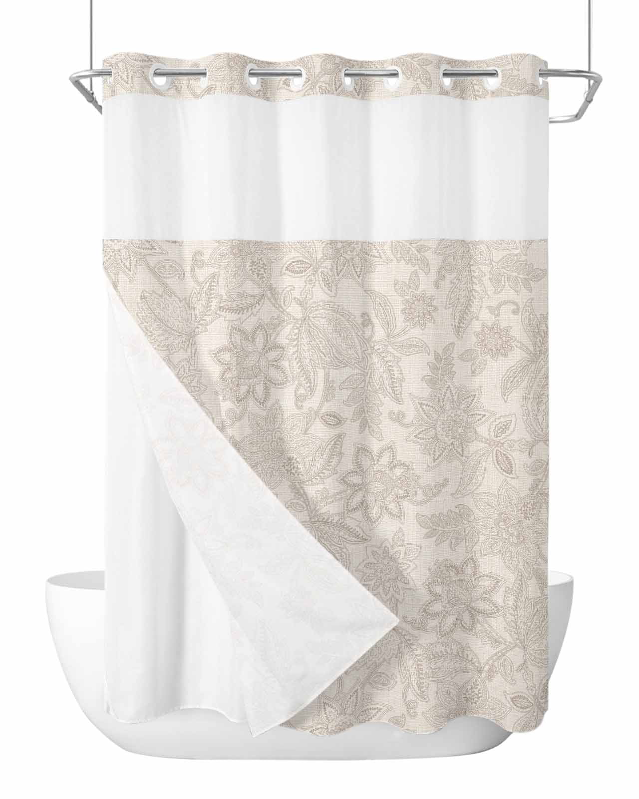 No Hook Shower Curtain and Snap in Liner Set, Vintage Beige Flower