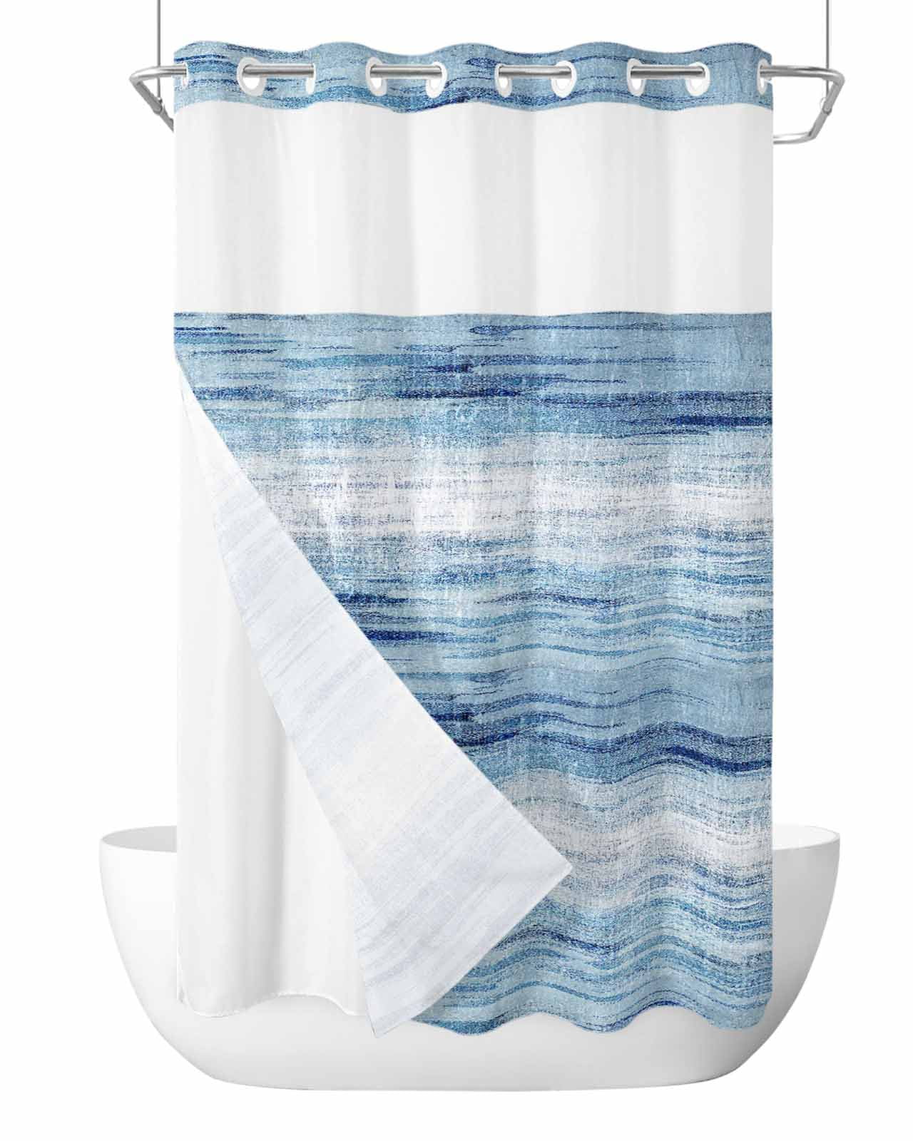 No Hook Shower Curtain and Snap in Liner Set, Vintage Blue Fabric