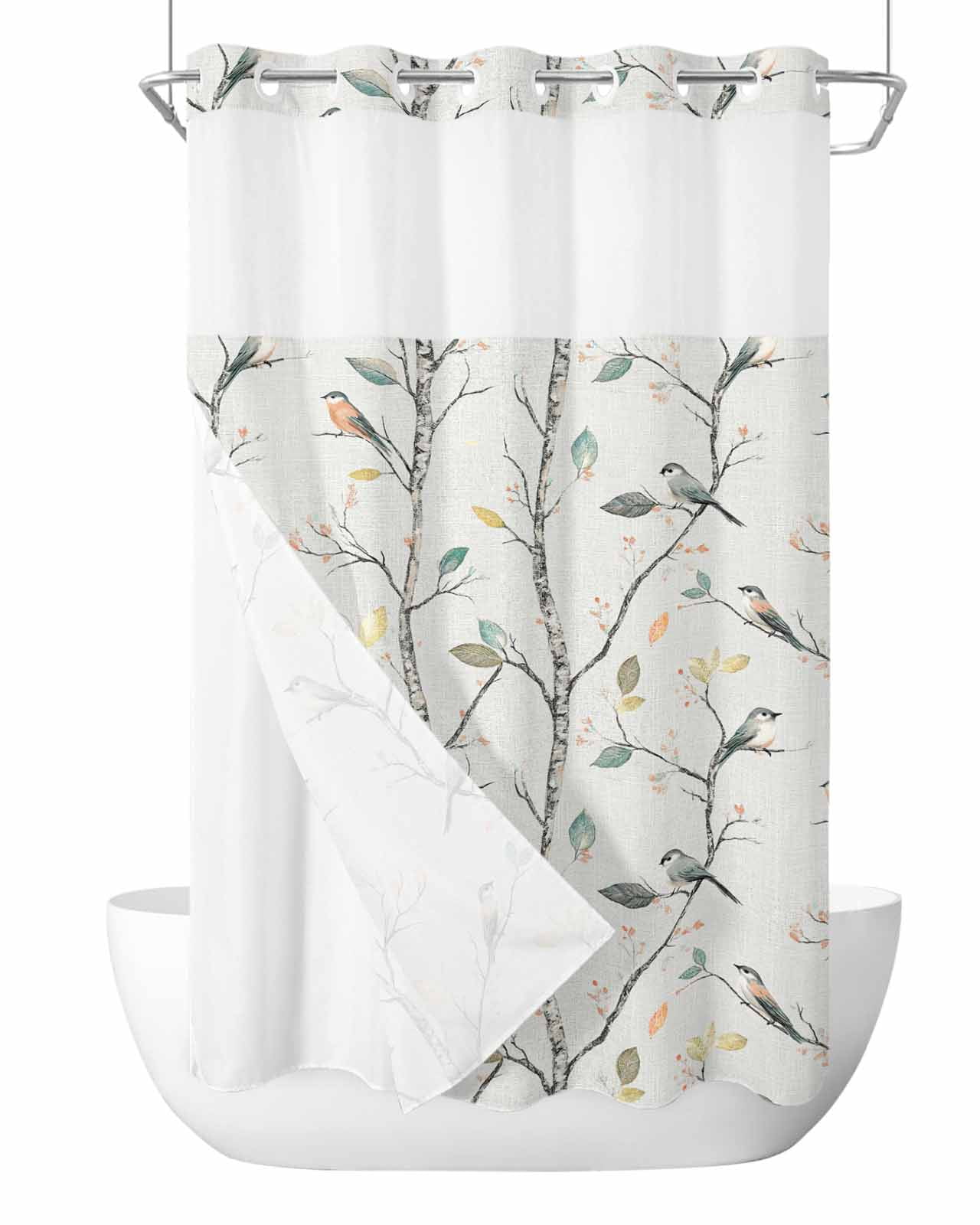 No Hook Shower Curtain and Snap in Liner Set, Vintage Botanical Fabric