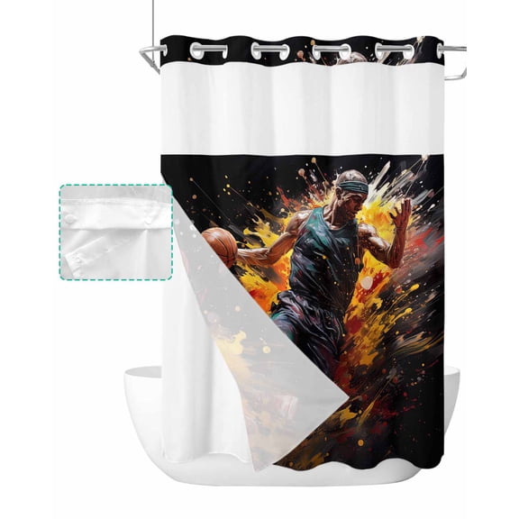 No Hook Shower Curtain with Snap in Liner, Sports Theme Watercolor Athletes Play Basketball Hotel Shower Curtains for Bathroom, Washable Shower Curtain Liner Set with Mesh Top Window, 60"x72"
