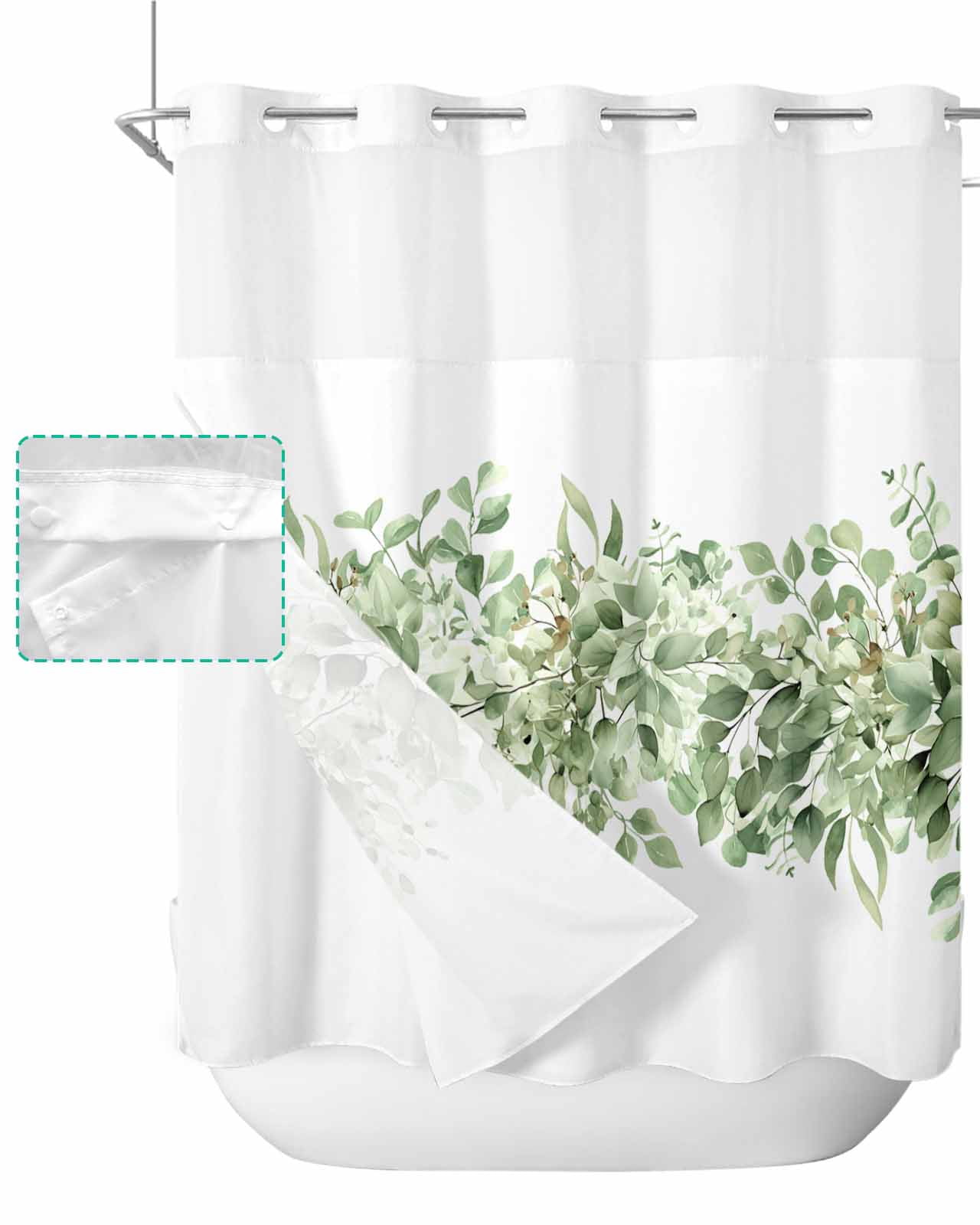 Green Eucalyptus Leaves Hookless Shower Curtain with Snap-in Liner