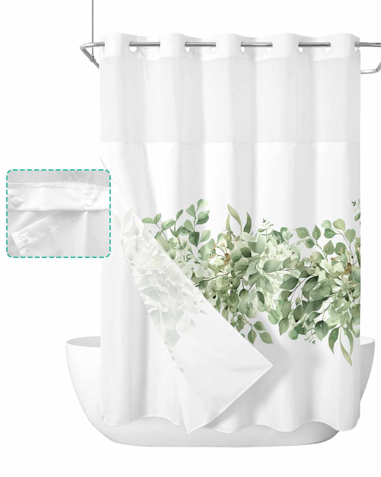 Green Eucalyptus Leaves Hookless Shower Curtain with Snap-in Liner