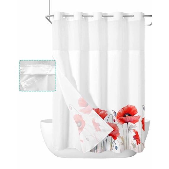 No Hook Shower Curtain with Snap in Liner, Spring Floral Watercolor Red Poppy Botanical Plant Hotel Shower Curtains for Bathroom, Washable Shower Curtain Liner Set with Mesh Top Window, 60"x72"