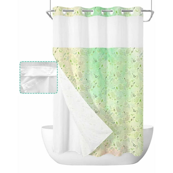 No Hook Shower Curtain with Snap in Liner, Spring Hand Painted Flowers Plants Hotel Shower Curtains for Bathroom, Washable Shower Curtain Liner Set with Mesh Top Window, 36"x72"