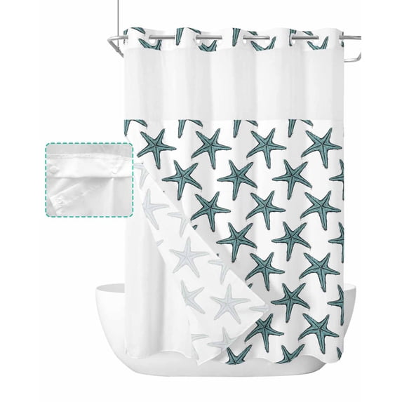 No Hook Shower Curtain with Snap in Liner, Summer Aqua Green Starfish Texture White Hotel Shower Curtains for Bathroom, Washable Shower Curtain Liner Set with Mesh Top Window, 72"x96"