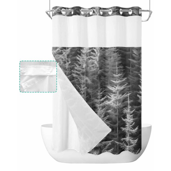 No Hook Shower Curtain with Snap in Liner, Summer Black White Pine Trees Forest Hotel Shower Curtains for Bathroom, Washable Shower Curtain Liner Set with Mesh Top Window, 36"x72"
