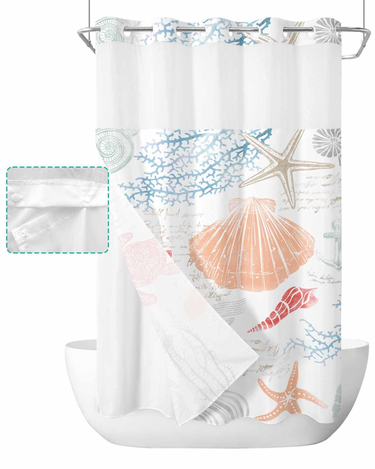 No Hook Shower Curtain with Snap in Liner, Summer Ocean Colorful Coral