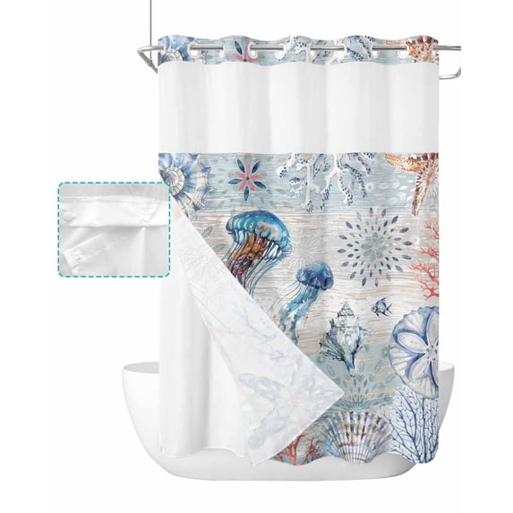 No Hook Shower Curtain with Snap in Liner, Summer Ocean Jellyfish Seashell Starfish Coral Wood Grain Shower Curtains for Bathroom, Washable Shower Curtain Liner Set with Mesh Top Window, 60"x72"