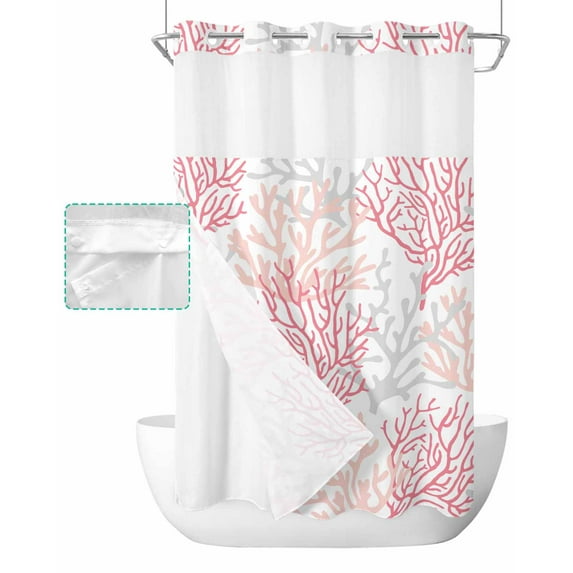 No Hook Shower Curtain with Snap in Liner, Summer Ocean Pink and Gray Coral Hotel Shower Curtains for Bathroom, Washable Shower Curtain Liner Set with Mesh Top Window, 36"x78"