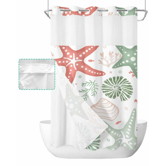 No Hook Shower Curtain with Snap in Liner, Summer Ocean Sage Green and Red Coral Starfish Seashells Shower Curtains for Bathroom, Washable Shower Curtain Liner Set with Mesh Top Window, 36"x78"
