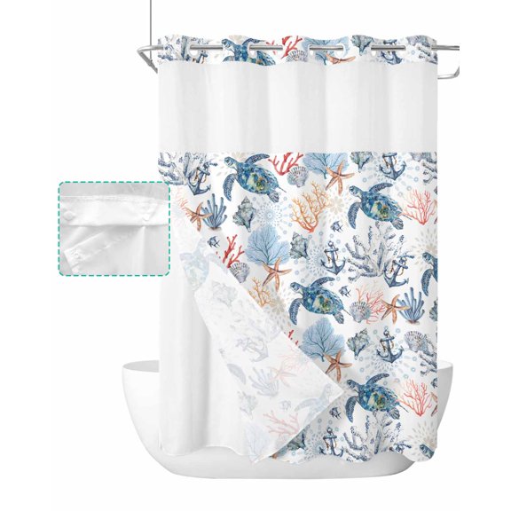 No Hook Shower Curtain with Snap in Liner, Summer Ocean Turtle Starfish Turtle Coral Anchor Hotel Shower Curtains for Bathroom, Washable Shower Curtain Liner Set with Mesh Top Window, 72"x96"