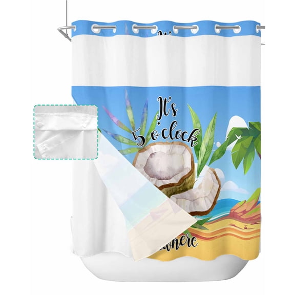 No Hook Shower Curtain with Snap in Liner, Summer Sea Beach Plam Tree Leaves Hotel Shower Curtains for Bathroom, Washable Shower Curtain Liner Set with Mesh Top Window, 72”x78”