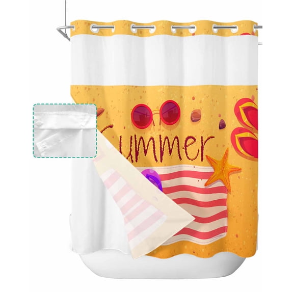 No Hook Shower Curtain with Snap in Liner, Summer Seaside Beach Ocean Starfish Hotel Shower Curtains for Bathroom, Washable Shower Curtain Liner Set with Mesh Top Window, 72”x78”