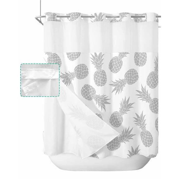 No Hook Shower Curtain with Snap in Liner, Summer Sliver Pineapple White Texture Hotel Shower Curtains for Bathroom, Washable Shower Curtain Liner Set with Mesh Top Window, 72”x78”