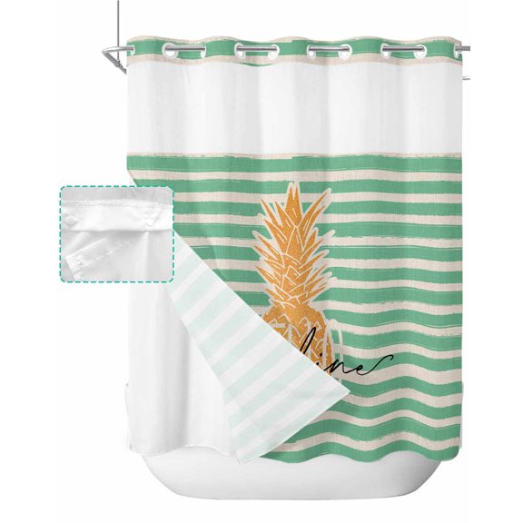 No Hook Shower Curtain with Snap in Liner, Summer Sunshine Pineapple on Burlap Green Striped Hotel Shower Curtains for Bathroom, Washable Shower Curtain Liner Set with Mesh Top Window, 72”x78”