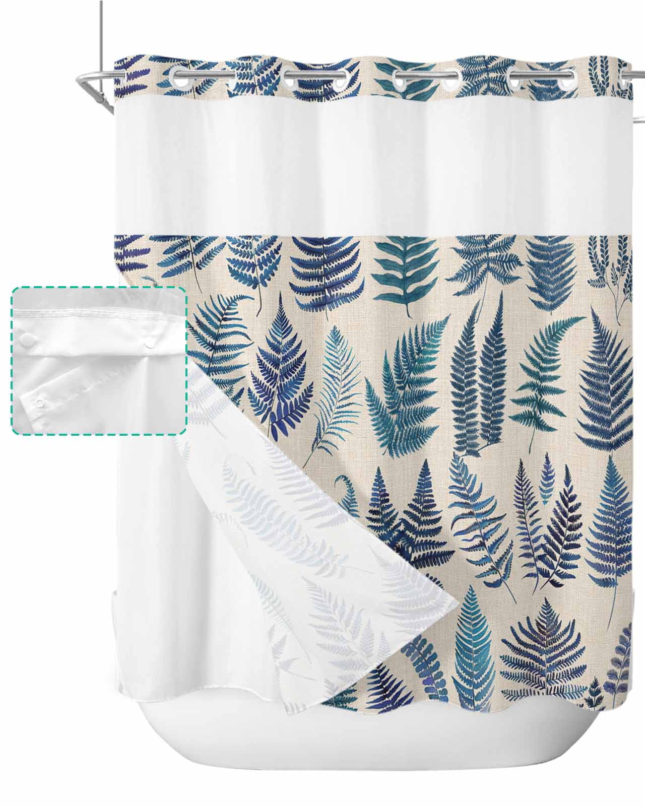 No Hook Shower Curtain with Snap in Liner, Summer Tropical Blue Leaves