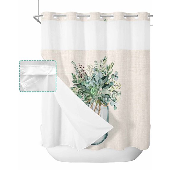 No Hook Shower Curtain with Snap in Liner, Summer Vintage Green Flowers with Leaves Beige Hotel Shower Curtains for Bathroom, Washable Shower Curtain Liner Set with Mesh Top Window, 66"x72"