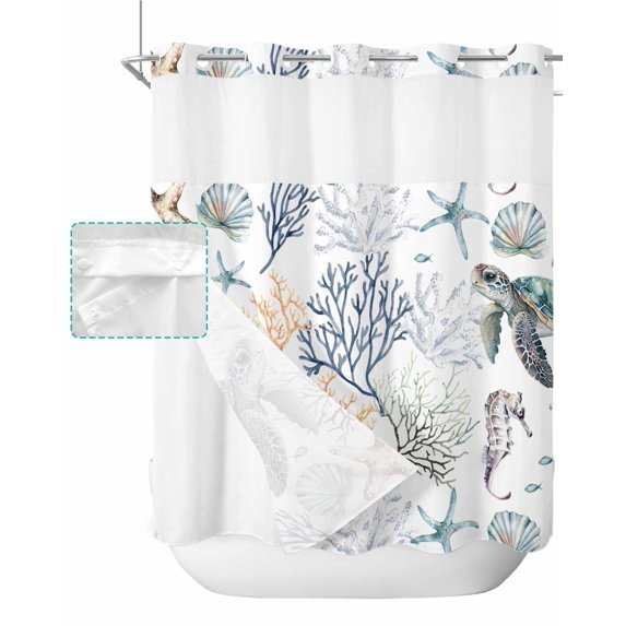 No Hook Shower Curtain with Snap in Liner, Summer Watercolor Ocean Blue Coral Sea Turtle Hotel Shower Curtains for Bathroom, Washable Shower Curtain Liner Set with Mesh Top Window, 66"x72"
