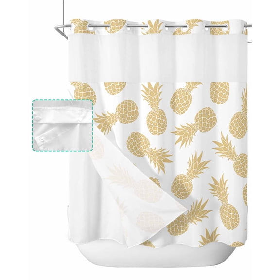 No Hook Shower Curtain with Snap in Liner, Summer Yellow Pineapple White Texture Hotel Shower Curtains for Bathroom, Washable Shower Curtain Liner Set with Mesh Top Window, 72”x78”