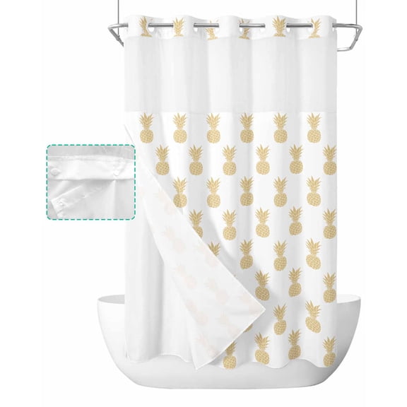 No Hook Shower Curtain with Snap in Liner, Summer Yellow Pineapples White Texture Hotel Shower Curtains for Bathroom, Washable Shower Curtain Liner Set with Mesh Top Window, 36"x72"