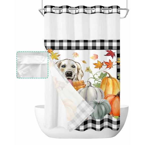 No Hook Shower Curtain with Snap in Liner, Thanksgiving Fall Pumpkin Patch Dog Maple Leaf Hotel Shower Curtains for Bathroom, Washable Shower Curtain Liner Set with Mesh Top Window, 36"x78"