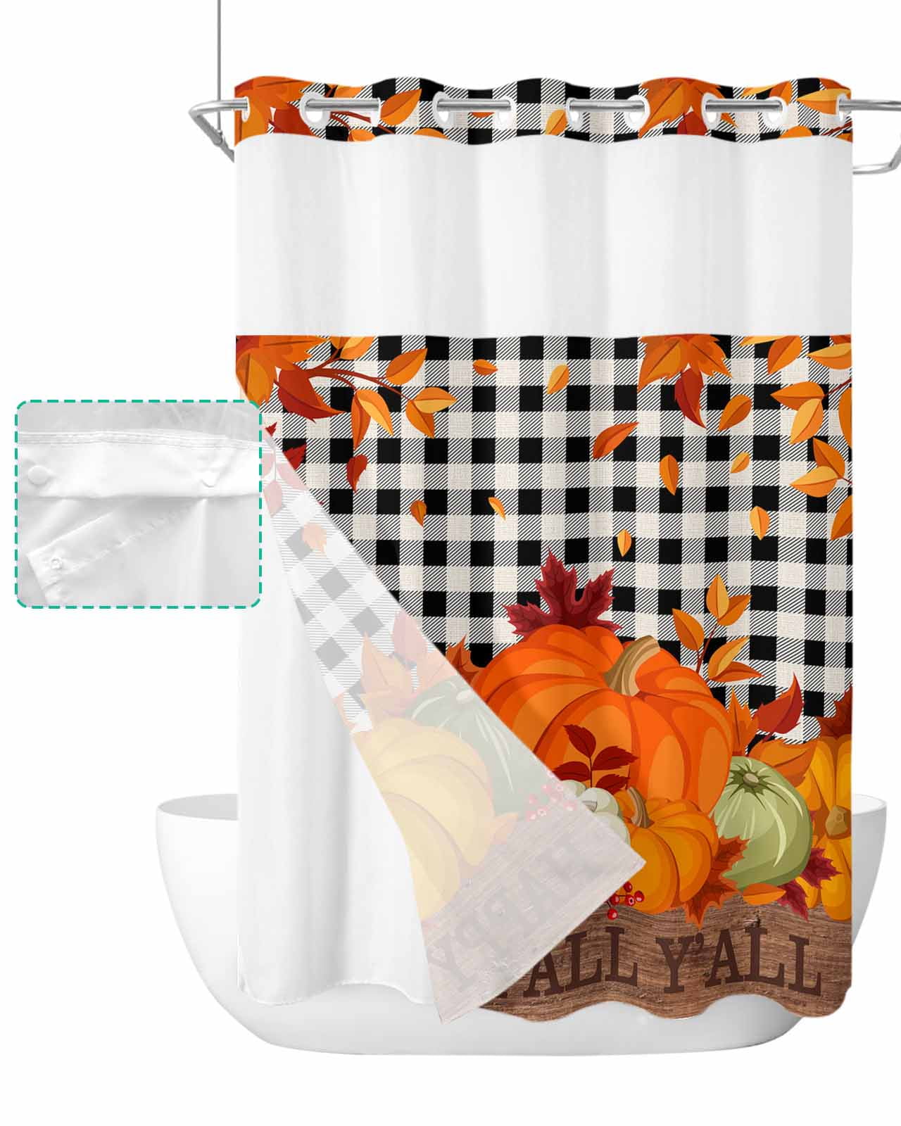 No Hook Shower Curtain with Snap in Liner, Thanksgiving Farmhouse