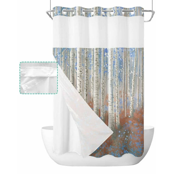 No Hook Shower Curtain with Snap in Liner, Trees Blue Red Forest Impressionist Oil Painting Art Hotel Shower Curtains for Bathroom, Washable Shower Curtain Liner Set with Mesh Top Window, 36"x72"