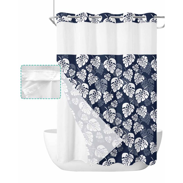 No Hook Shower Curtain with Snap in Liner Turtle Leaf Shower Curtain