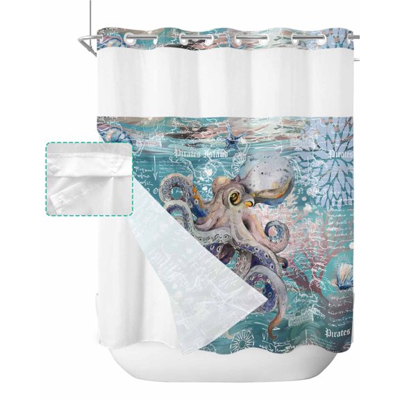 No Hook Shower Curtain with Snap in Liner, Vintage Blue Ocean Plants Octopus and Starfish Map Hotel Shower Curtains for Bathroom, Washable Shower Curtain Liner Set with Mesh Top Window, 72"x72"