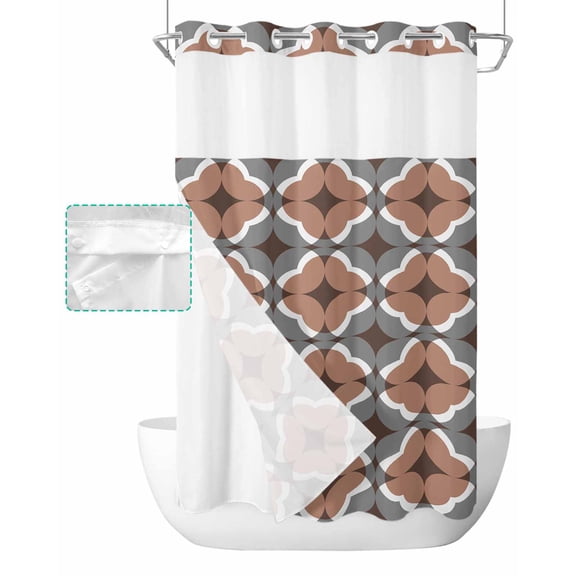 No Hook Shower Curtain with Snap in Liner, Vintage Geometic Brown Pattern Hotel Shower Curtains for Bathroom, Washable Shower Curtain Liner Set with Mesh Top Window, 36"x78"