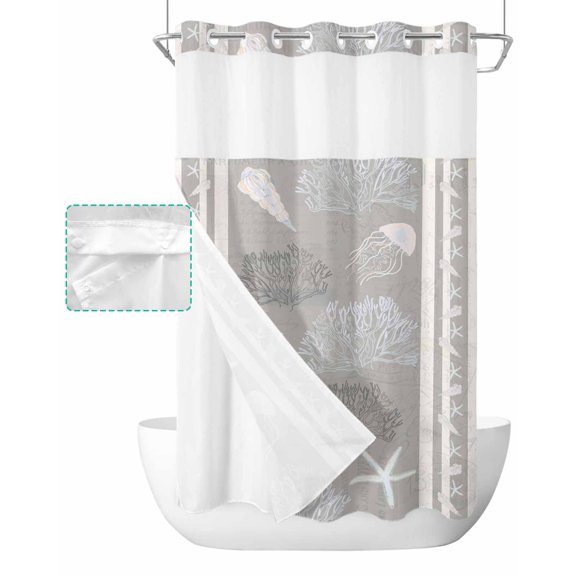 No Hook Shower Curtain with Snap in Liner, Vintage Grey Ocean Starfish Jellyfish Coral Striped Hotel Shower Curtains for Bathroom, Washable Shower Curtain Liner Set with Mesh Top Window, 36"x78"