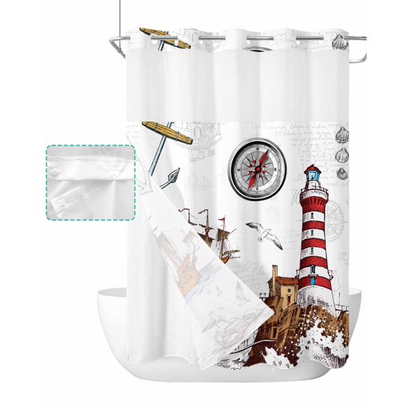 No Hook Shower Curtain with Snap in Liner, Vintage Illustration Sailboat Lighthouse Seagull Hotel Shower Curtains for Bathroom, Washable Shower Curtain Liner Set with Mesh Top Window, 72"x84"