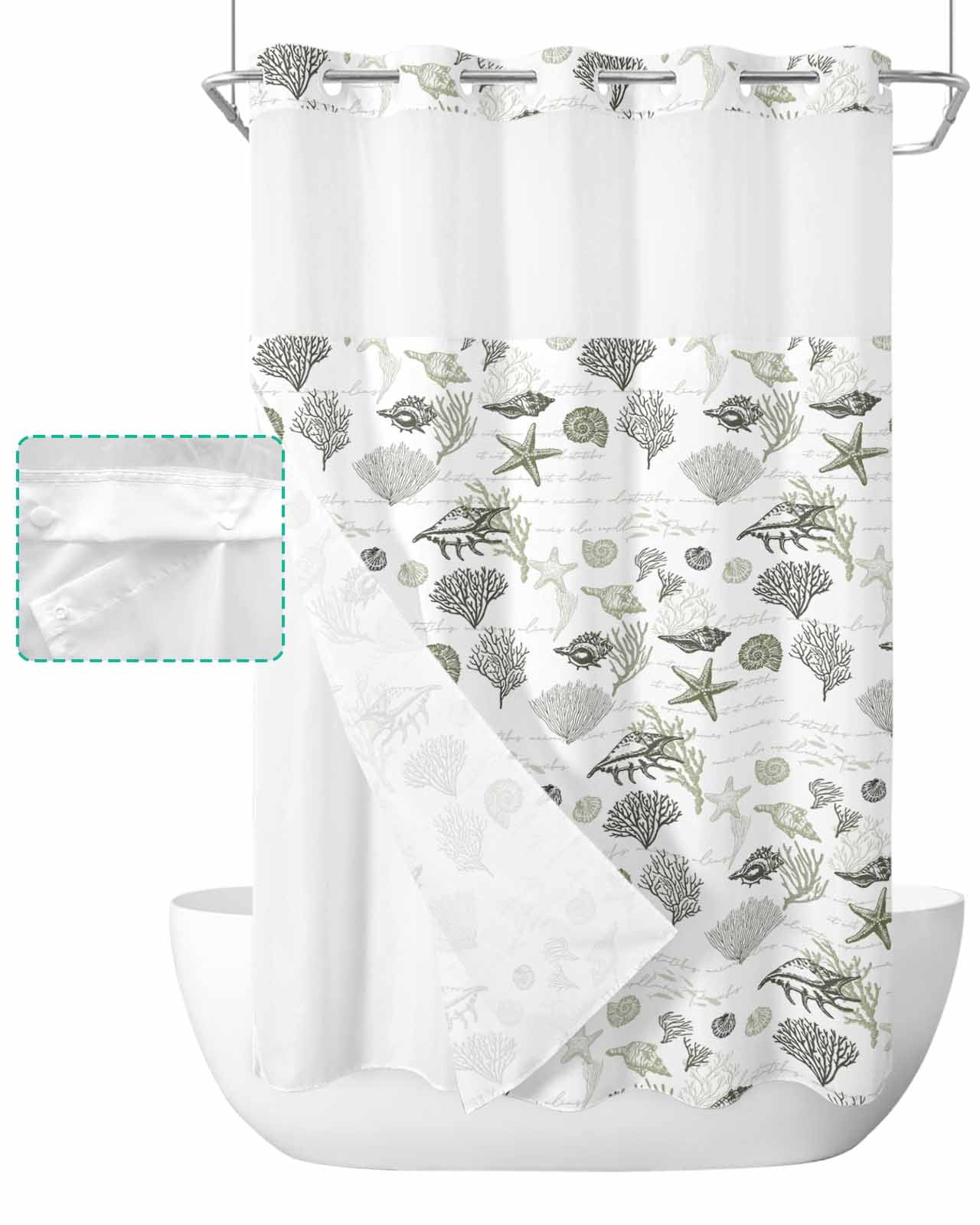 No Hook Shower Curtain with Snap in Liner, Vintage Sage Green Ocean ...