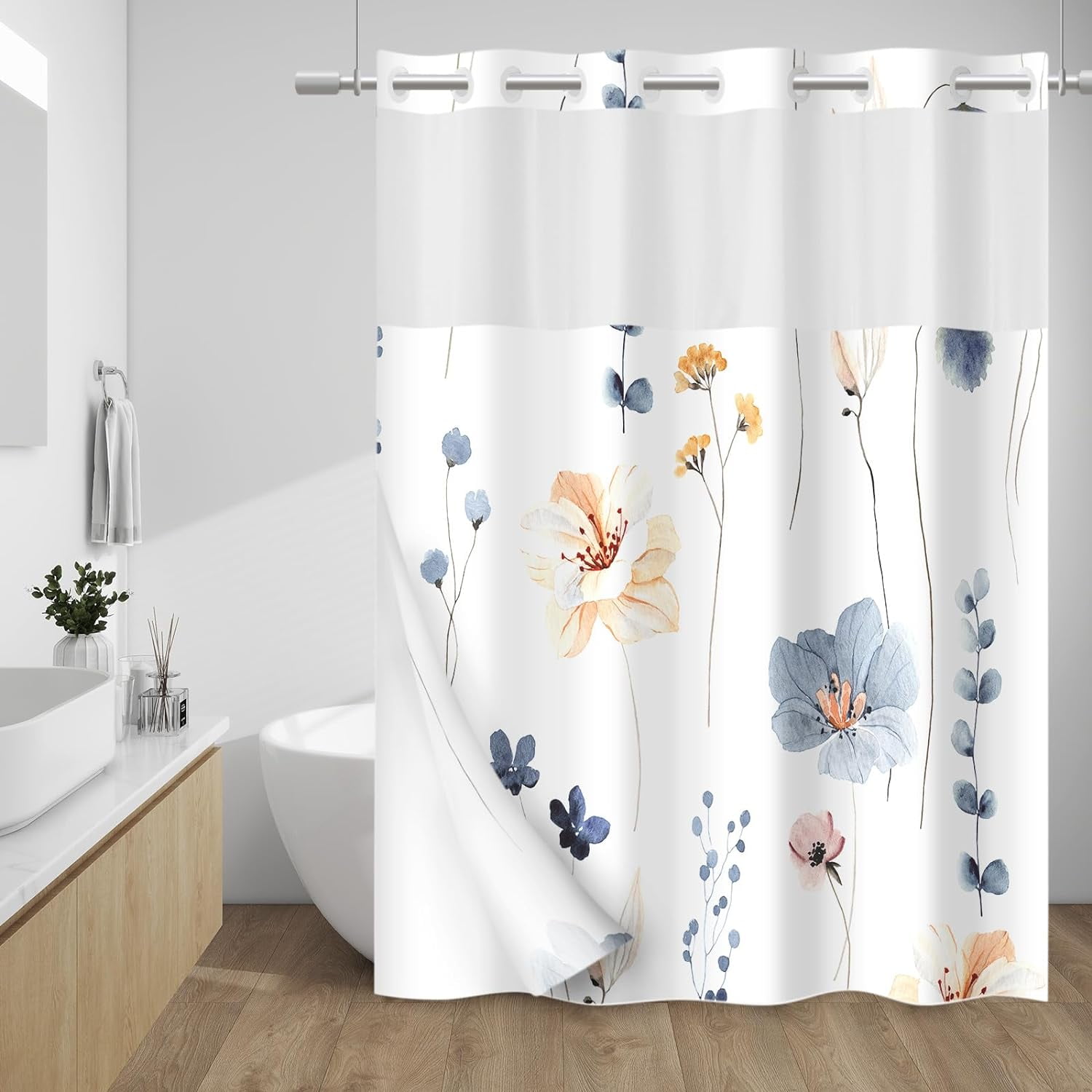 No Hook Shower Curtain with Snap in Liner Watercolor Floral Shower